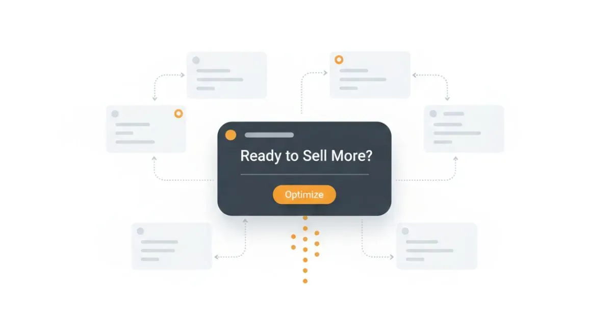 Minimal SaaS-style blog illustration showing a discount popup on a rounded card with a call-to-action button in brand color #e18b22, surrounded by subtle gray abstract variations representing multiple popup ideas, with flowing lines symbolizing visitor conversions and testing different offers.